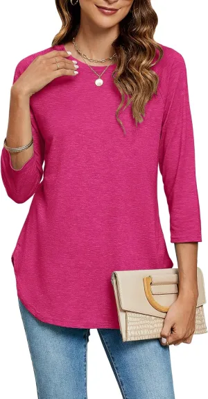 Newchoice Womens 3/4 Length Sleeve Tops Casual Round Neck Basic Tunic Shirts Loose Fit