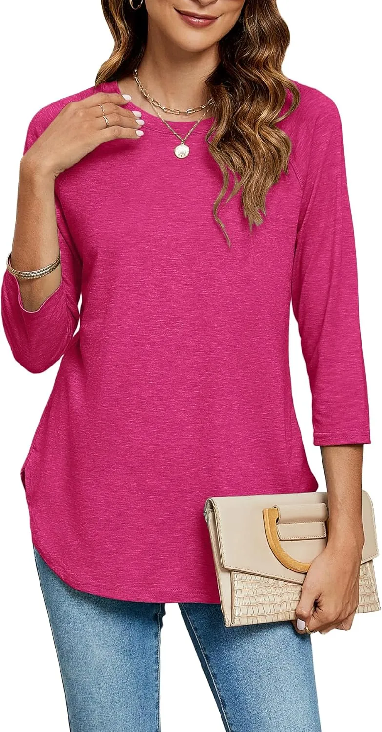 Newchoice Womens 3/4 Length Sleeve Tops Casual Round Neck Basic Tunic Shirts Loose Fit