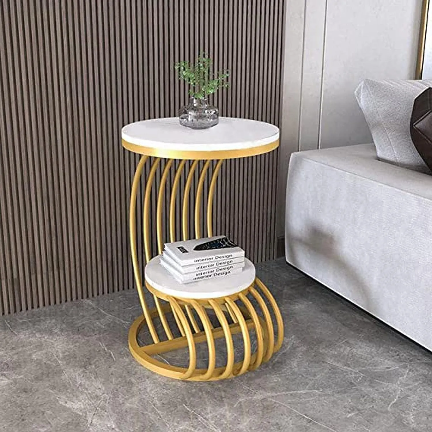 Online Decor Shoppee Round Side Table Golden Iron Modern Side Table Apartment Bedroom, Living Room, Office etc. (Black) (White 1)