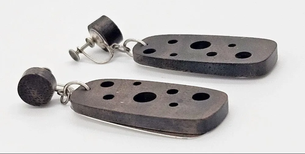 RARE Cavagnaro Sterling   Ebony Wood Abstract Mod XL 2-Part Earrings 1950s
