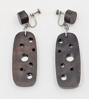 RARE Cavagnaro Sterling   Ebony Wood Abstract Mod XL 2-Part Earrings 1950s