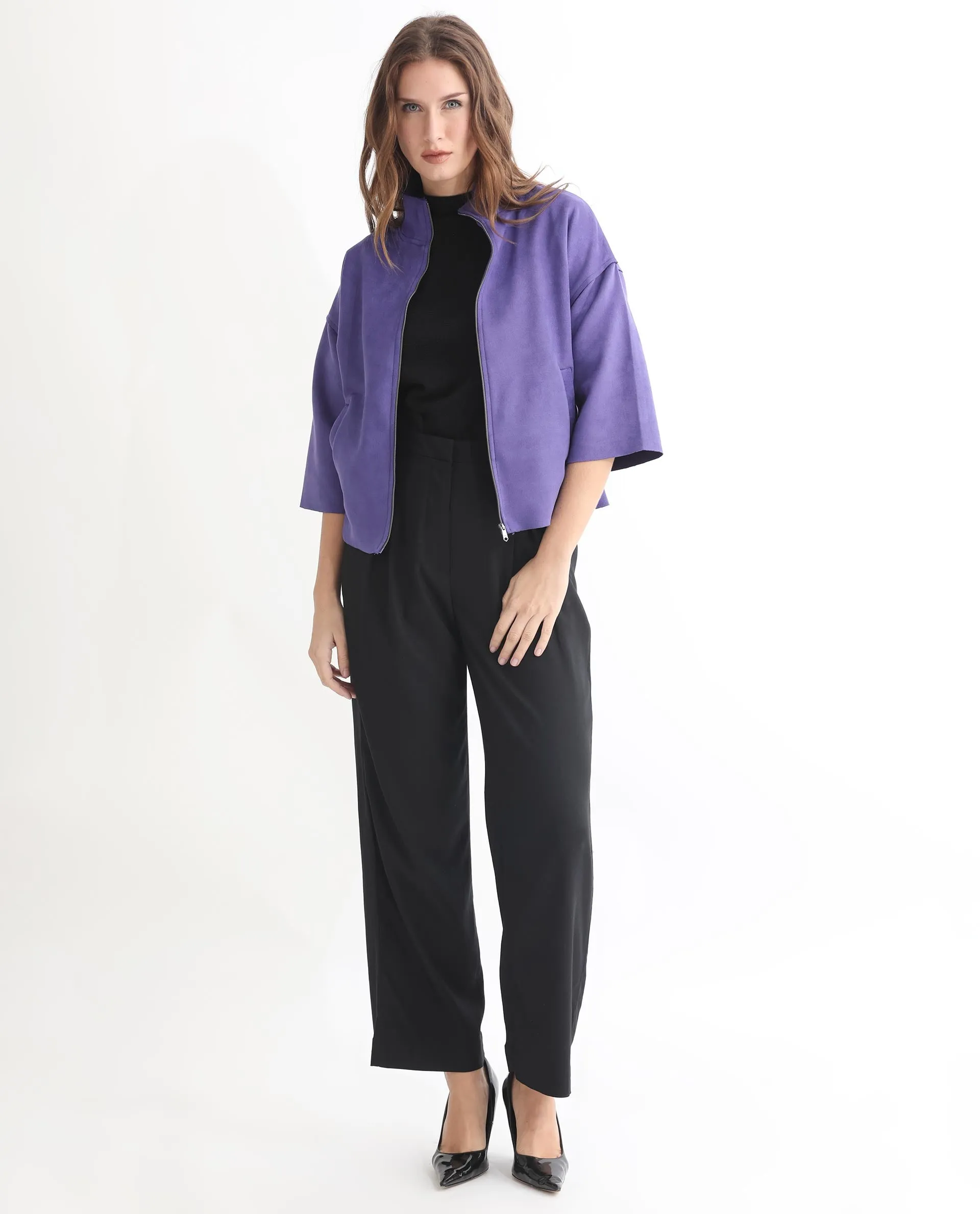 Rareism Women Vasu 1 Purple Polyester Fabric 3/4Th Sleeves Zip Closure Mandarin Collar Regular Fit Plain Jacket