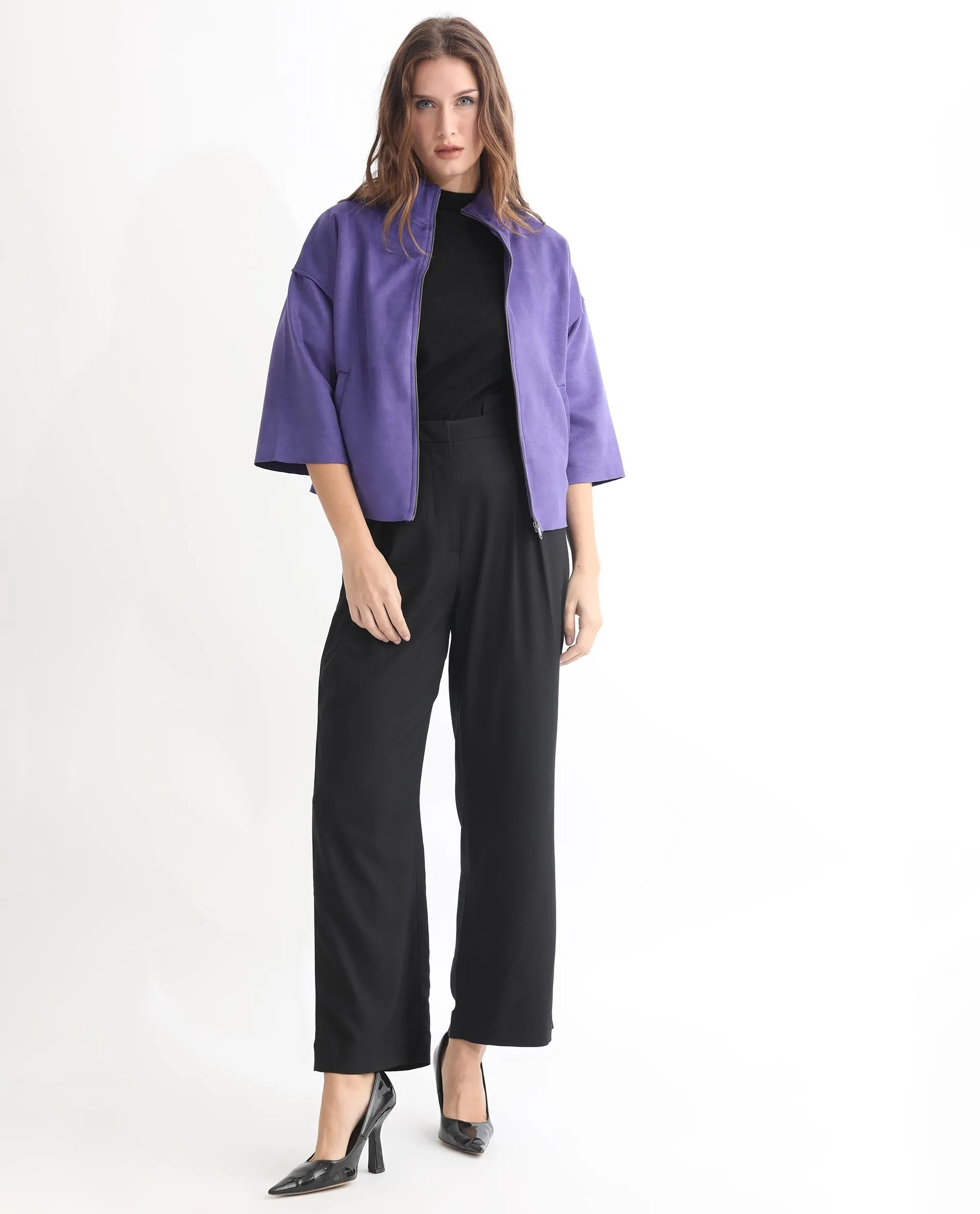 Rareism Women Vasu 1 Purple Polyester Fabric 3/4Th Sleeves Zip Closure Mandarin Collar Regular Fit Plain Jacket