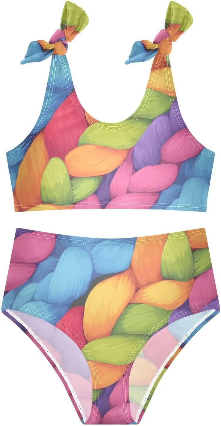 Realistic Knitted Illustration Rainbow Texture Girl Two Piecing Kids Bikini Set Scoop Neck Swimsuits Swimming Suits Cute
