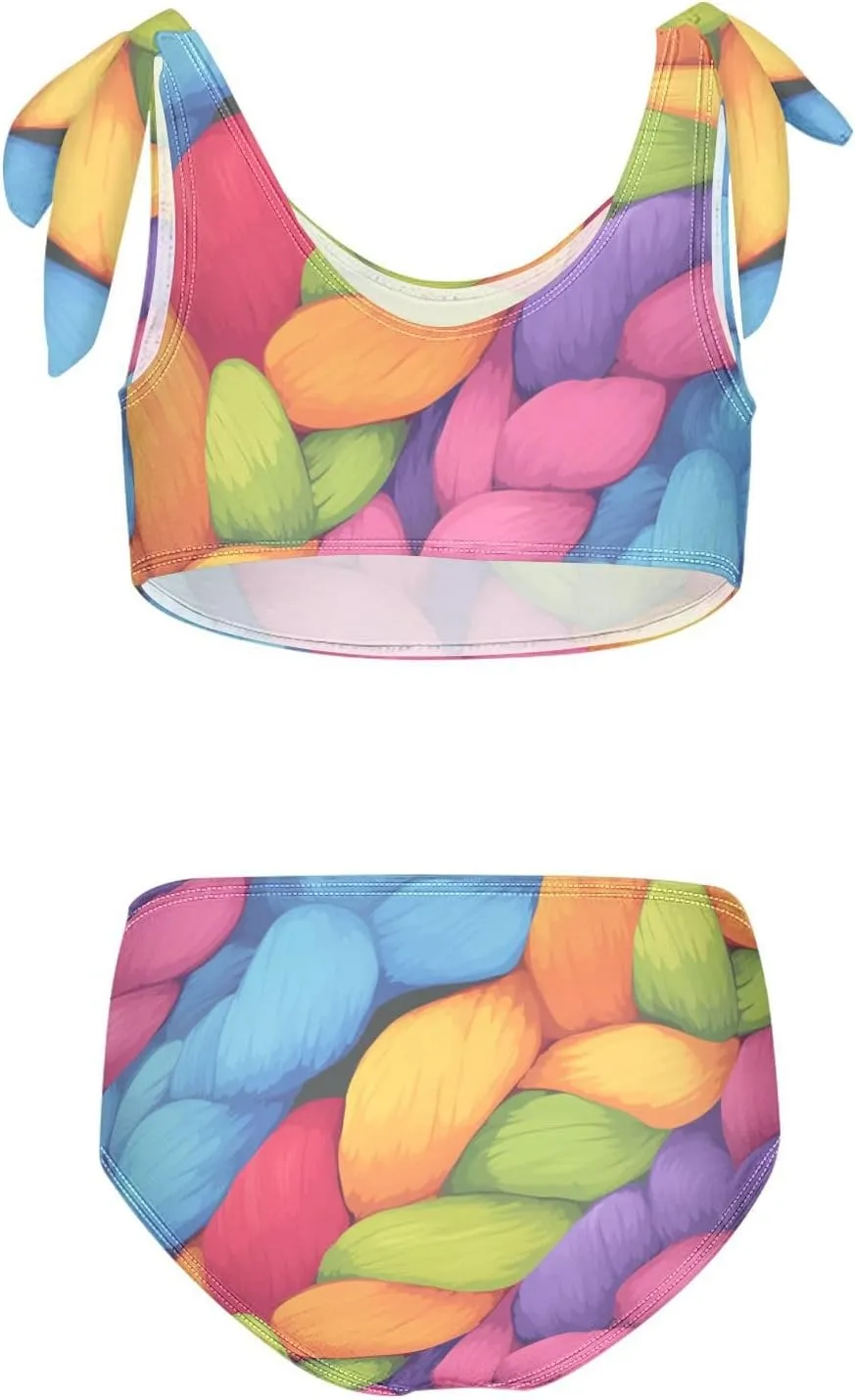 Realistic Knitted Illustration Rainbow Texture Girl Two Piecing Kids Bikini Set Scoop Neck Swimsuits Swimming Suits Cute