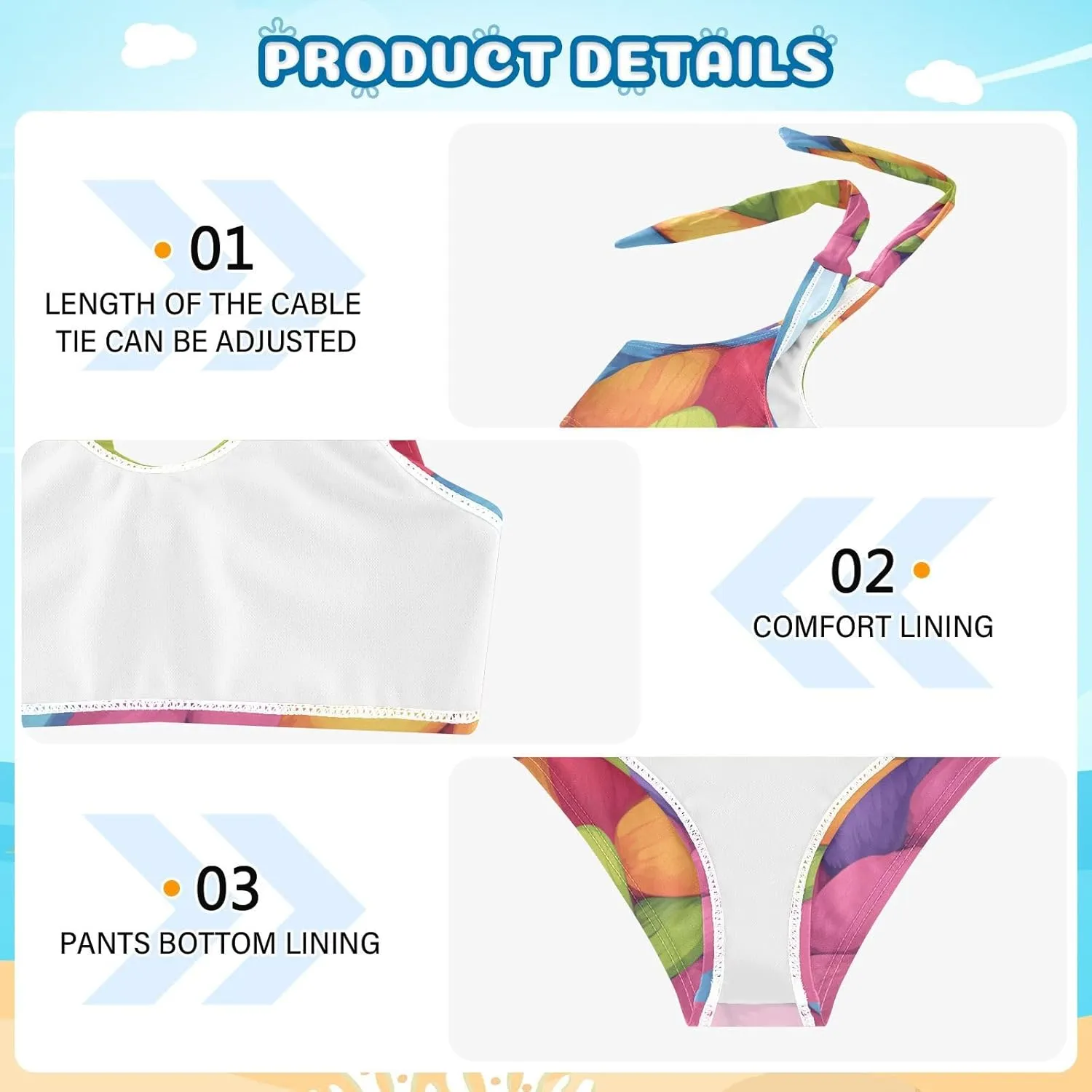 Realistic Knitted Illustration Rainbow Texture Girl Two Piecing Kids Bikini Set Scoop Neck Swimsuits Swimming Suits Cute