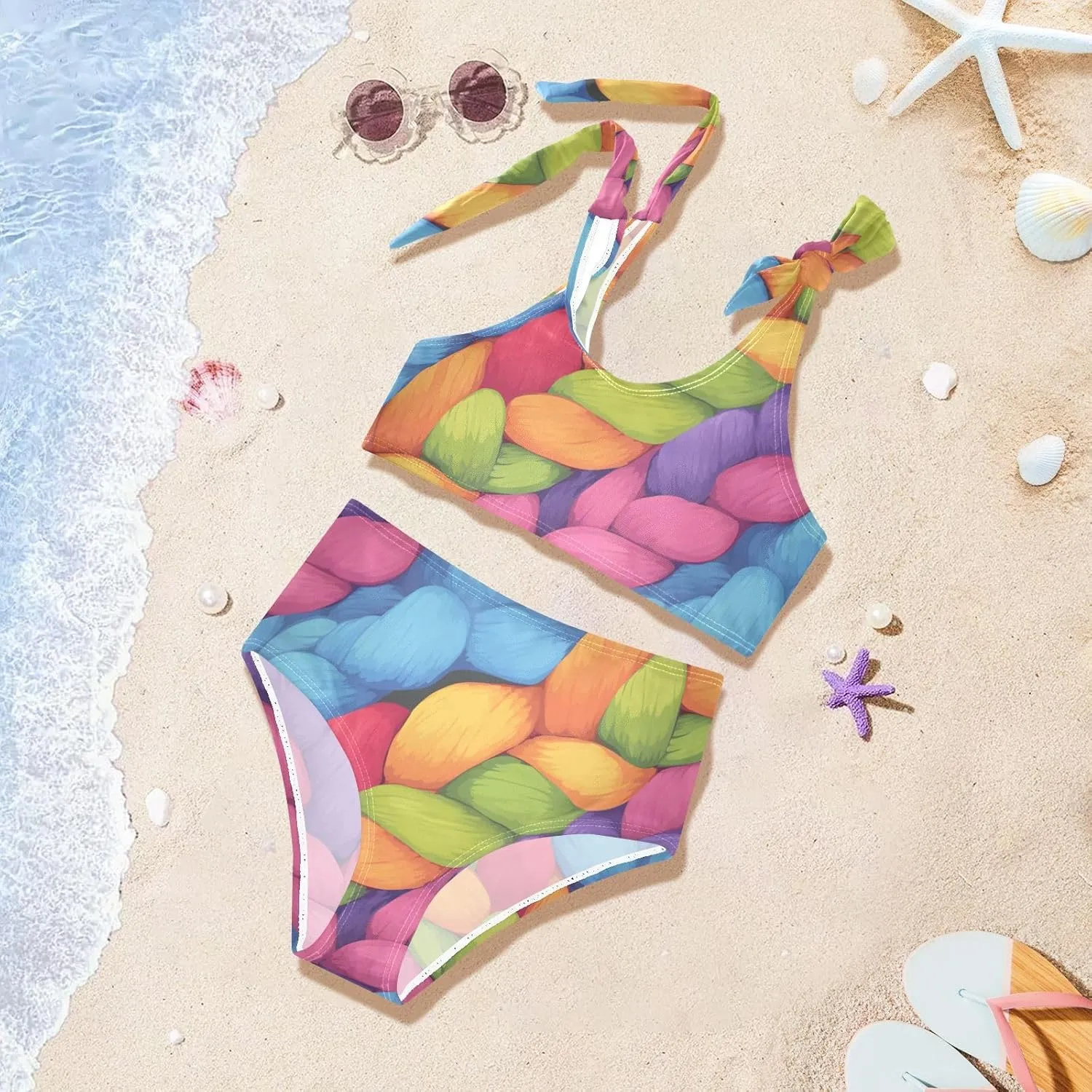 Realistic Knitted Illustration Rainbow Texture Girl Two Piecing Kids Bikini Set Scoop Neck Swimsuits Swimming Suits Cute