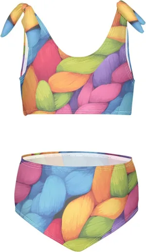 Realistic Knitted Illustration Rainbow Texture Girl Two Piecing Kids Bikini Set Scoop Neck Swimsuits Swimming Suits Cute