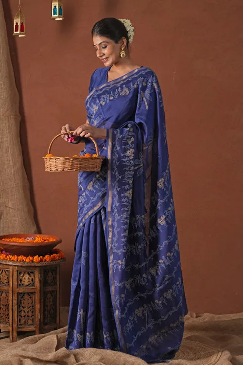Sooti Syahi ' Golden Ocean' Hand Block Printed Chanderi Silk Saree