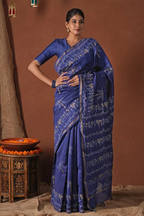 Sooti Syahi ' Golden Ocean' Hand Block Printed Chanderi Silk Saree