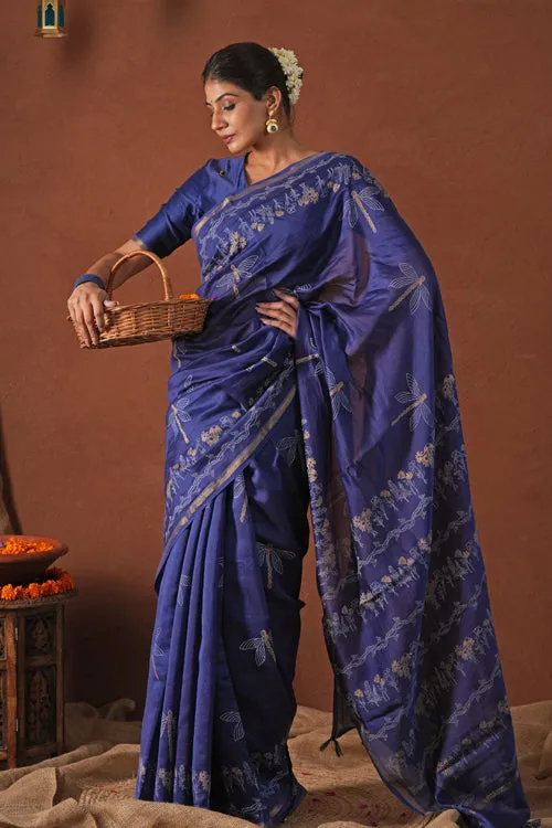 Sooti Syahi ' Golden Ocean' Hand Block Printed Chanderi Silk Saree