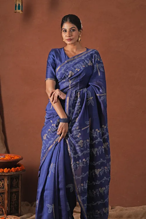 Sooti Syahi ' Golden Ocean' Hand Block Printed Chanderi Silk Saree