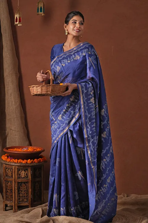 Sooti Syahi ' Golden Ocean' Hand Block Printed Chanderi Silk Saree