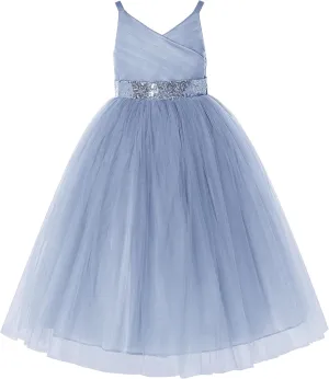 V-Neck Tulle Flower Girl Dresses for Wedding Toddler Junior Bridesmaid 218