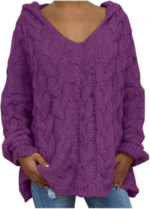 Women Chunky Cable Knit Hooded Sweater, Solid Color V-Neck Casual Pullover Long Sleeve Oversized Comfy Sweaters Top