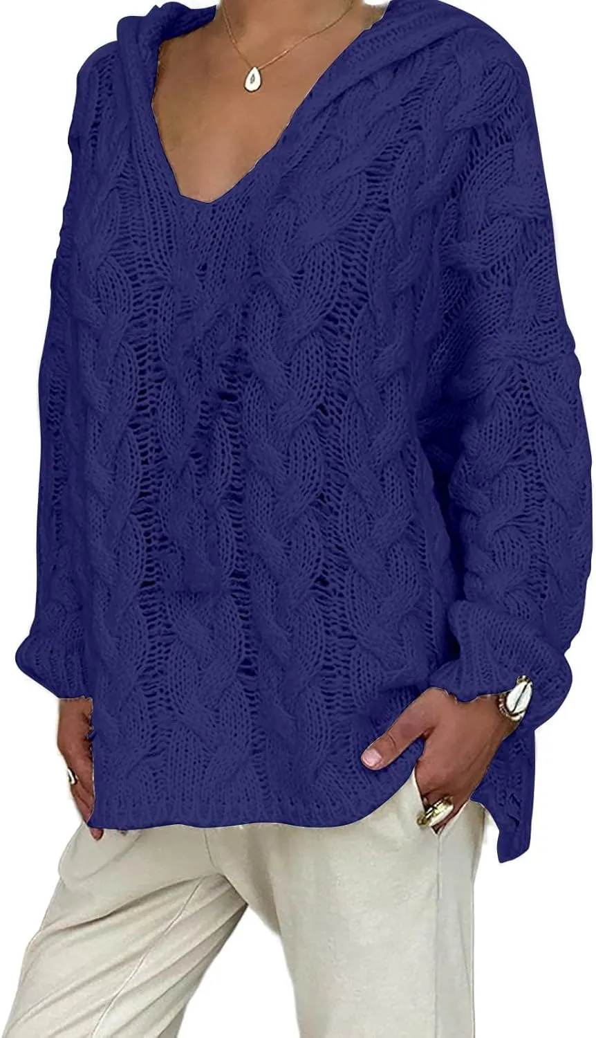Women Chunky Cable Knit Hooded Sweater, Solid Color V-Neck Casual Pullover Long Sleeve Oversized Comfy Sweaters Top
