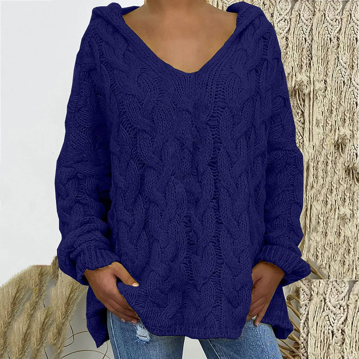 Women Chunky Cable Knit Hooded Sweater, Solid Color V-Neck Casual Pullover Long Sleeve Oversized Comfy Sweaters Top