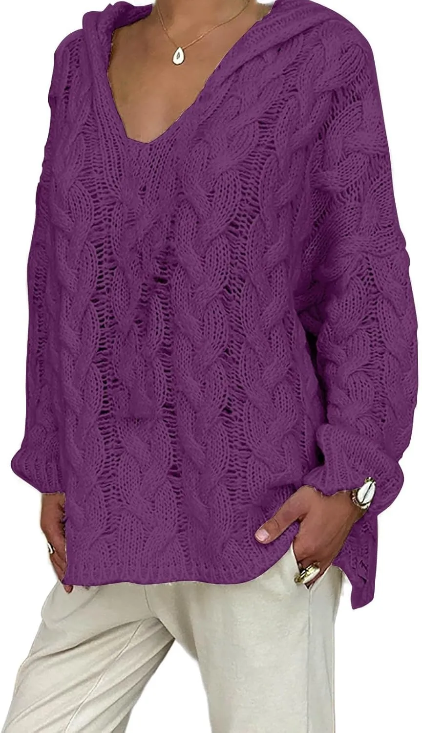 Women Chunky Cable Knit Hooded Sweater, Solid Color V-Neck Casual Pullover Long Sleeve Oversized Comfy Sweaters Top