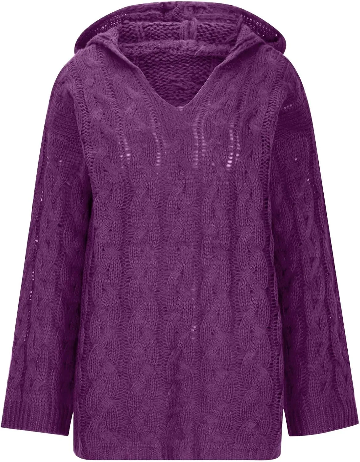 Women Chunky Cable Knit Hooded Sweater, Solid Color V-Neck Casual Pullover Long Sleeve Oversized Comfy Sweaters Top