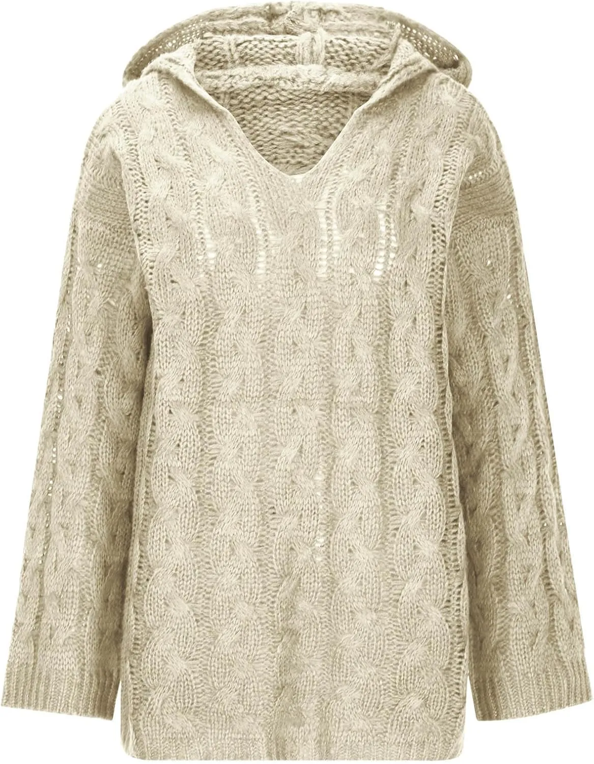 Women Chunky Cable Knit Hooded Sweater, Solid Color V-Neck Casual Pullover Long Sleeve Oversized Comfy Sweaters Top