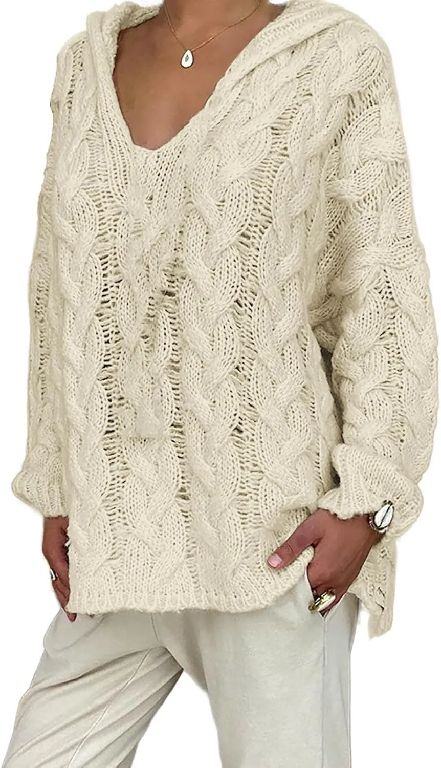 Women Chunky Cable Knit Hooded Sweater, Solid Color V-Neck Casual Pullover Long Sleeve Oversized Comfy Sweaters Top