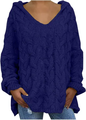 Women Chunky Cable Knit Hooded Sweater, Solid Color V-Neck Casual Pullover Long Sleeve Oversized Comfy Sweaters Top
