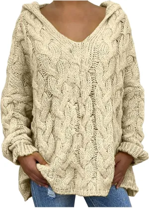 Women Chunky Cable Knit Hooded Sweater, Solid Color V-Neck Casual Pullover Long Sleeve Oversized Comfy Sweaters Top
