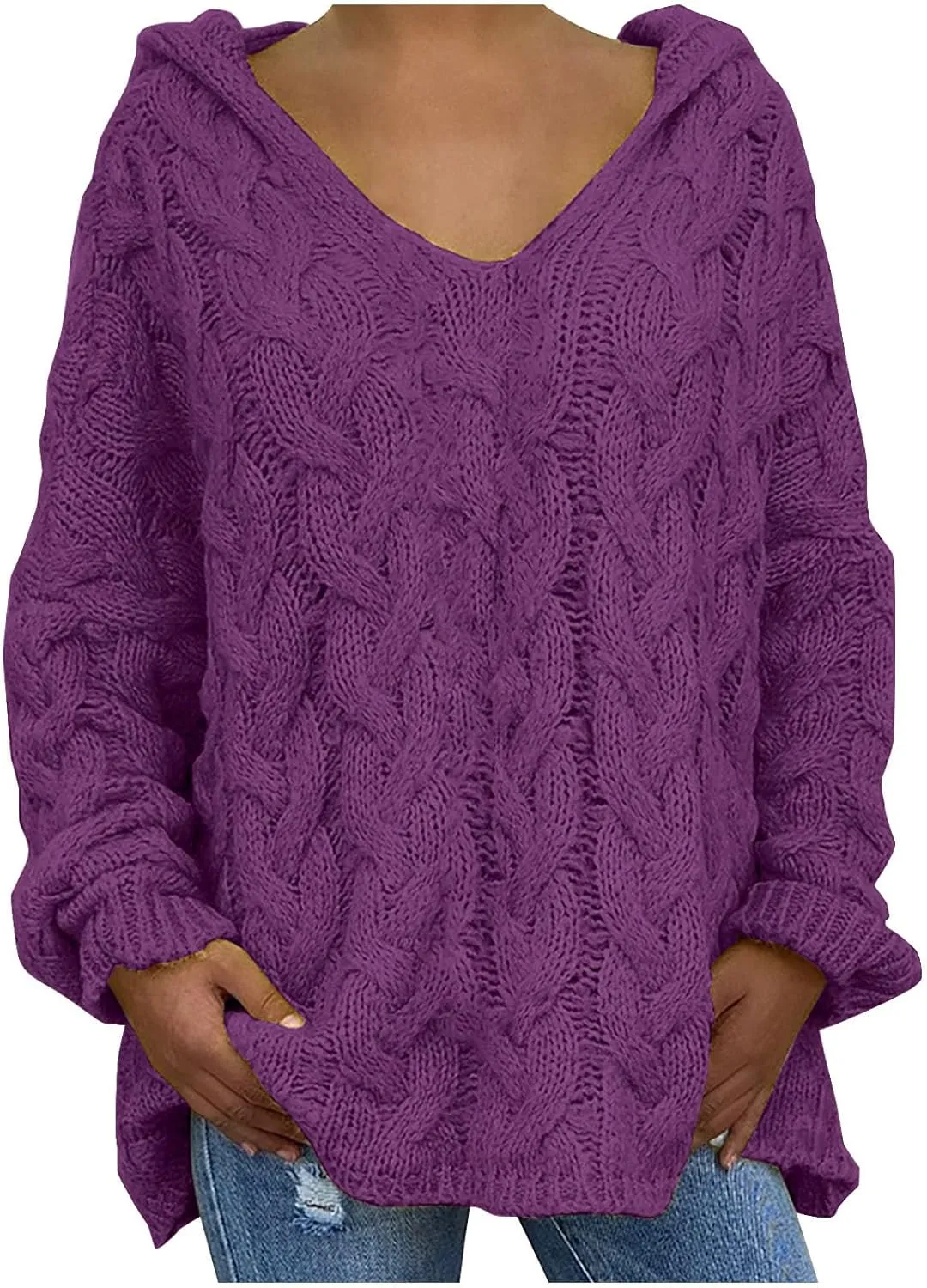 Women Chunky Cable Knit Hooded Sweater, Solid Color V-Neck Casual Pullover Long Sleeve Oversized Comfy Sweaters Top