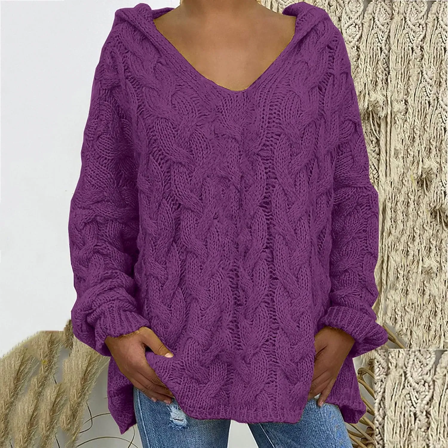 Women Chunky Cable Knit Hooded Sweater, Solid Color V-Neck Casual Pullover Long Sleeve Oversized Comfy Sweaters Top