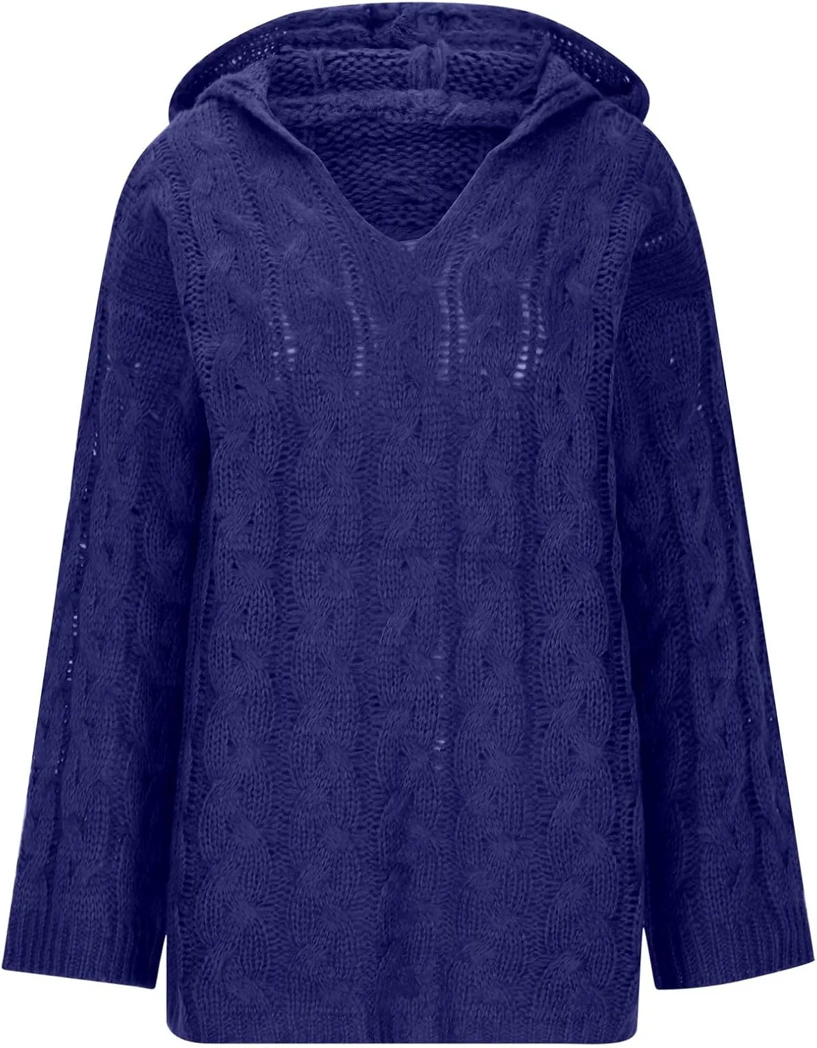 Women Chunky Cable Knit Hooded Sweater, Solid Color V-Neck Casual Pullover Long Sleeve Oversized Comfy Sweaters Top