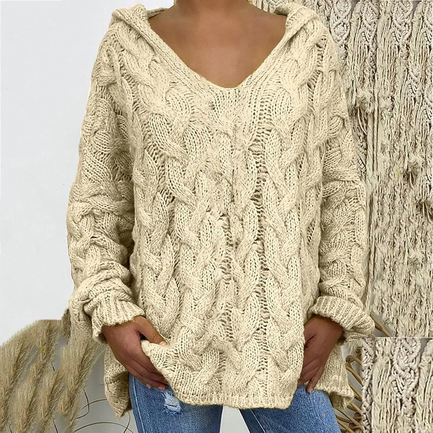 Women Chunky Cable Knit Hooded Sweater, Solid Color V-Neck Casual Pullover Long Sleeve Oversized Comfy Sweaters Top