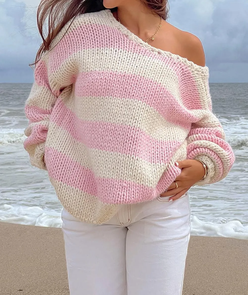 Women Striped Chunky Knit Sweater Drop Shoulder Long Sleeve V-Neck Oversized Sweater Pullover Loose Knit Jumper Top