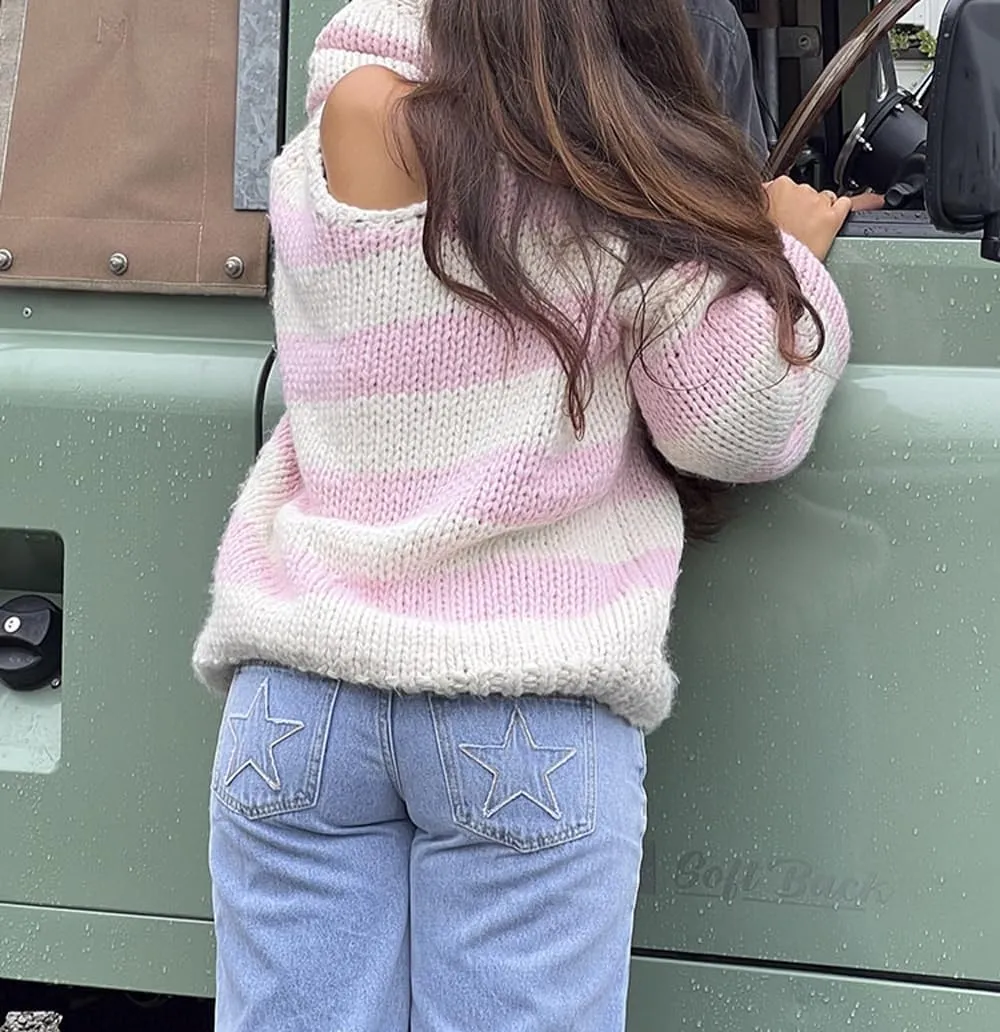 Women Striped Chunky Knit Sweater Drop Shoulder Long Sleeve V-Neck Oversized Sweater Pullover Loose Knit Jumper Top