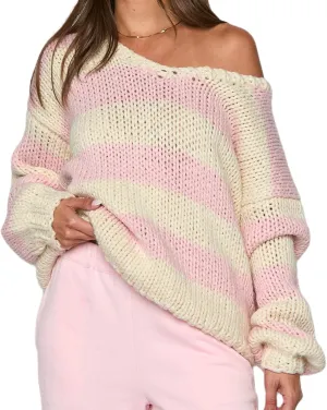 Women Striped Chunky Knit Sweater Drop Shoulder Long Sleeve V-Neck Oversized Sweater Pullover Loose Knit Jumper Top