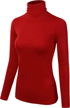 Women Turtleneck Long Sleeve Ribbed Knitted Casual Stretch Top Cotton Slim Fit Red Turtle Neck Gree Pullover Sweater (L)