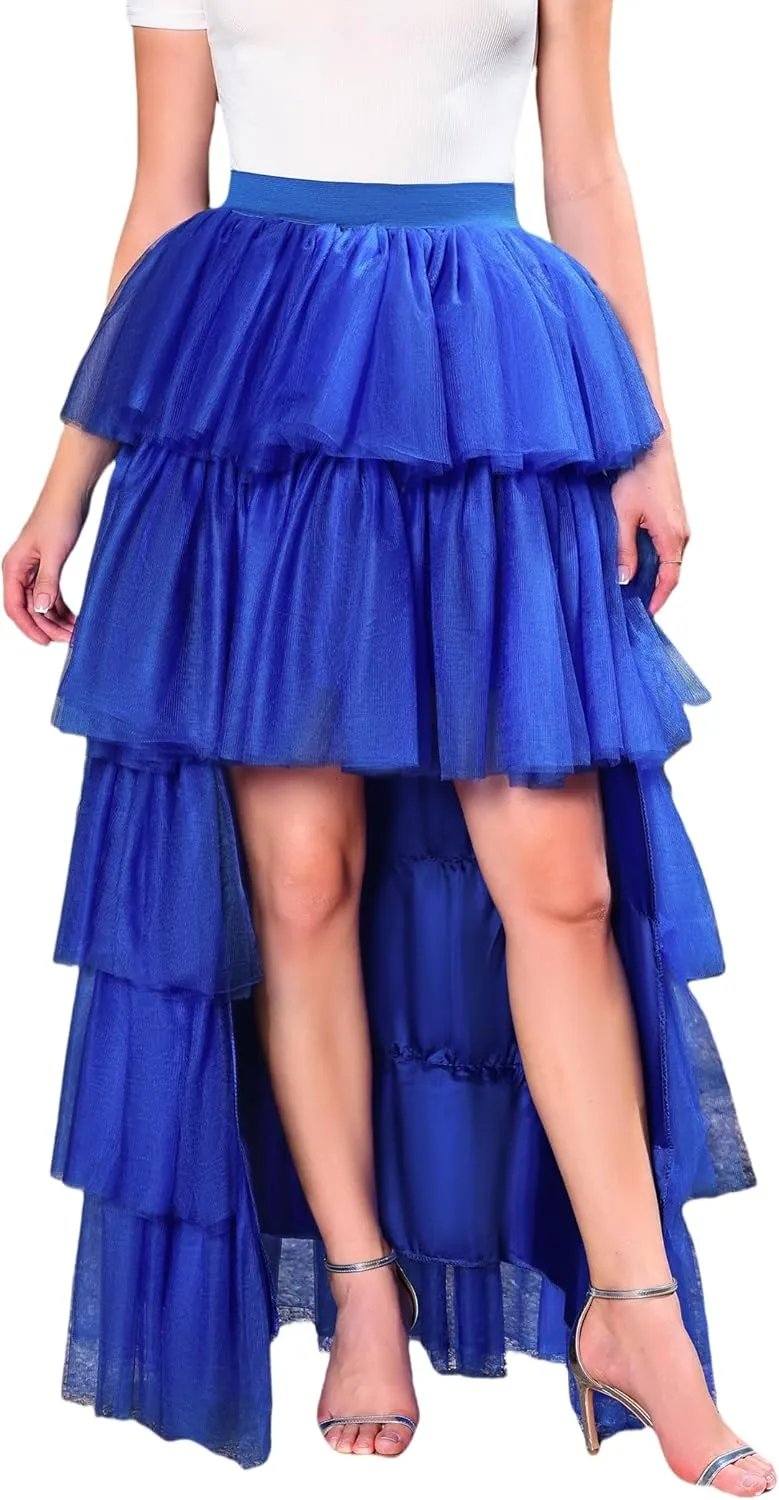Women's High Low Tutu Skirts Sweet Elastic Waist Tulle Layered Ruffles Mesh Long Tiered Skirt