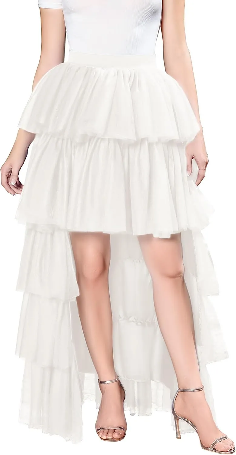 Women's High Low Tutu Skirts Sweet Elastic Waist Tulle Layered Ruffles Mesh Long Tiered Skirt