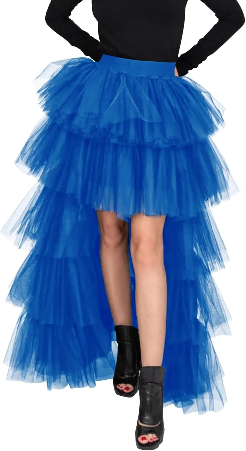Women's High Low Tutu Skirts Sweet Elastic Waist Tulle Layered Ruffles Mesh Long Tiered Skirt