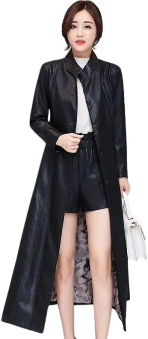 Women's Long Lambskin Leather Trench Coat, Red, Stand Collar, Button Front with Belt (US, Alpha, X-Small, Regular, Long, Black)