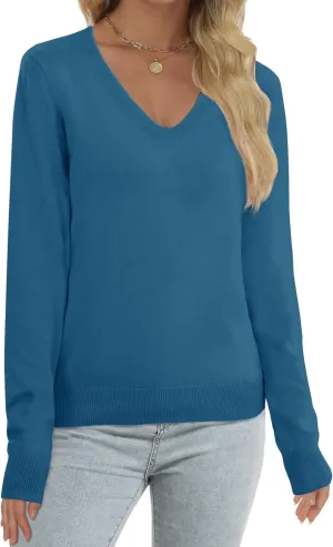 Women's Long Sleeve Pullover V Neck Basic Spring Sweaters 2025 Lightweight Soft Casual Sweater Tops