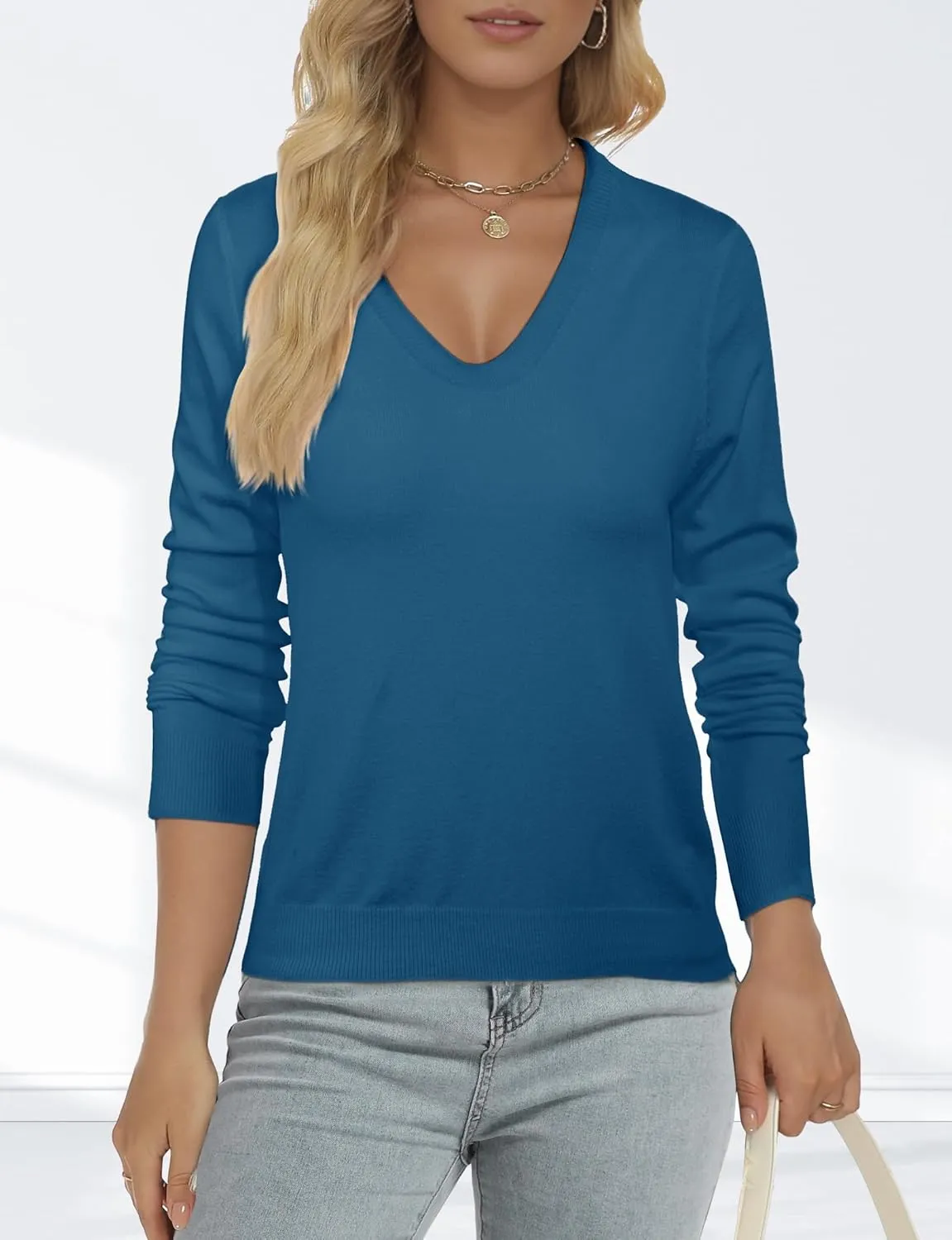 Women's Long Sleeve Pullover V Neck Basic Spring Sweaters 2025 Lightweight Soft Casual Sweater Tops