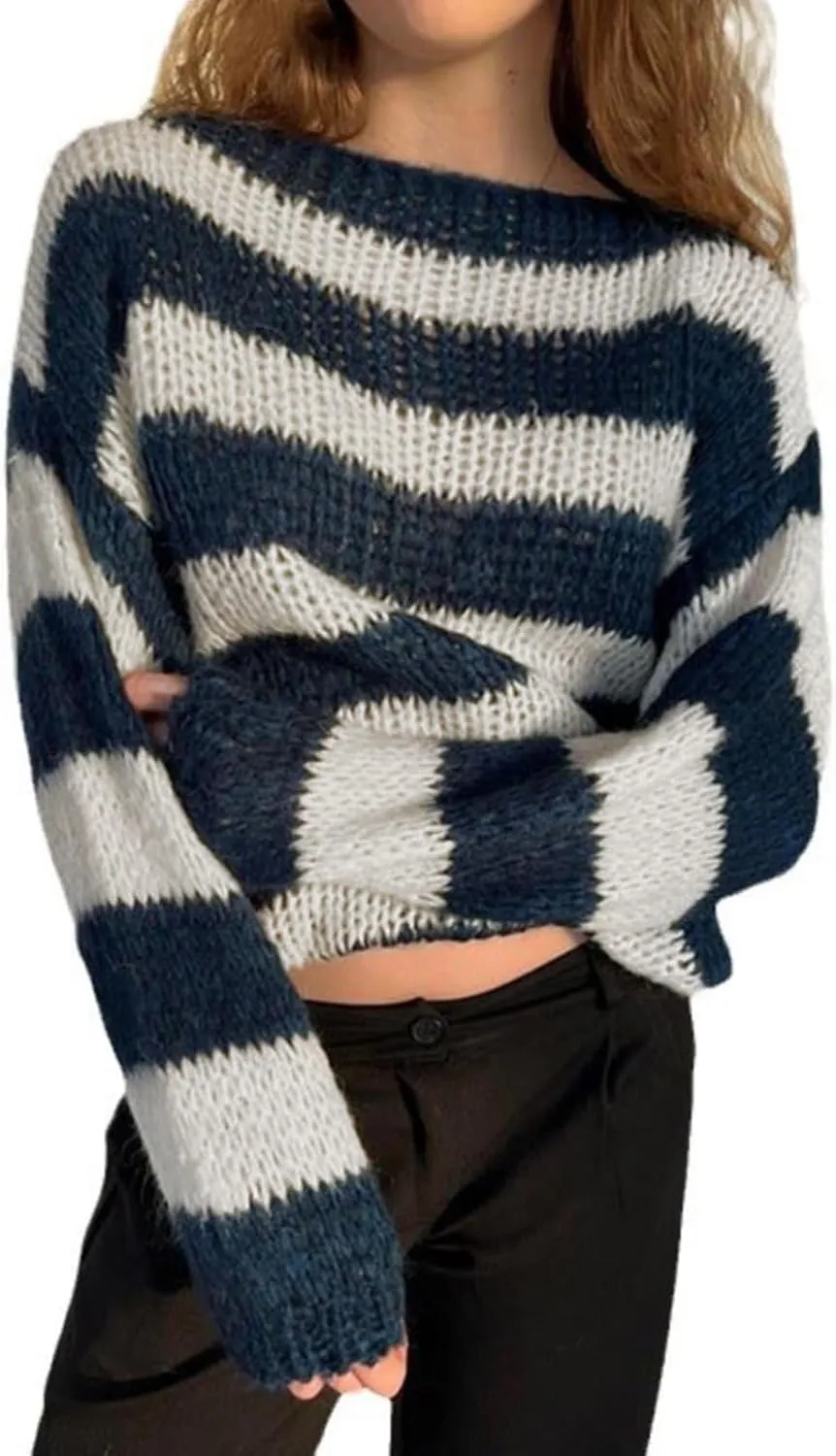 Womens Oversized Sweater Striped Pullover Sweater Crewneck Knit Tops Casual Long Sleeve Sweatshirts Fall Jumpers