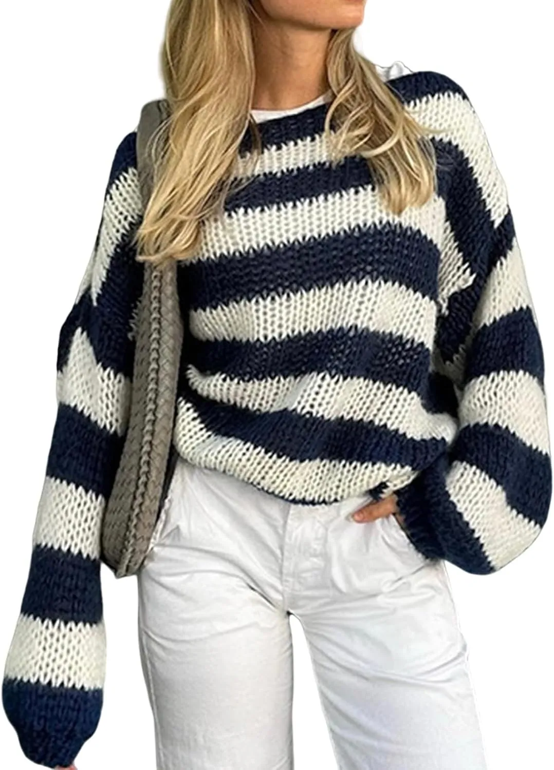 Womens Oversized Sweater Striped Pullover Sweater Crewneck Knit Tops Casual Long Sleeve Sweatshirts Fall Jumpers