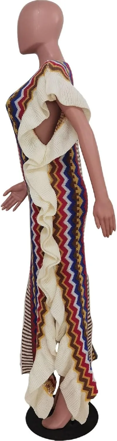 Women's Pullover Cable Knit Sweater Long Dress Short Sleeve Slit Ruffle Maxi Sweater Dress for Party