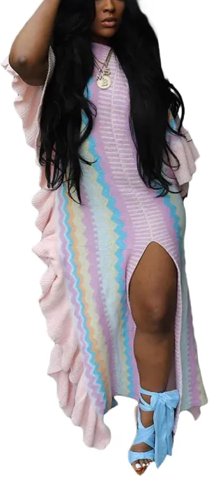 Women's Pullover Cable Knit Sweater Long Dress Short Sleeve Slit Ruffle Maxi Sweater Dress for Party