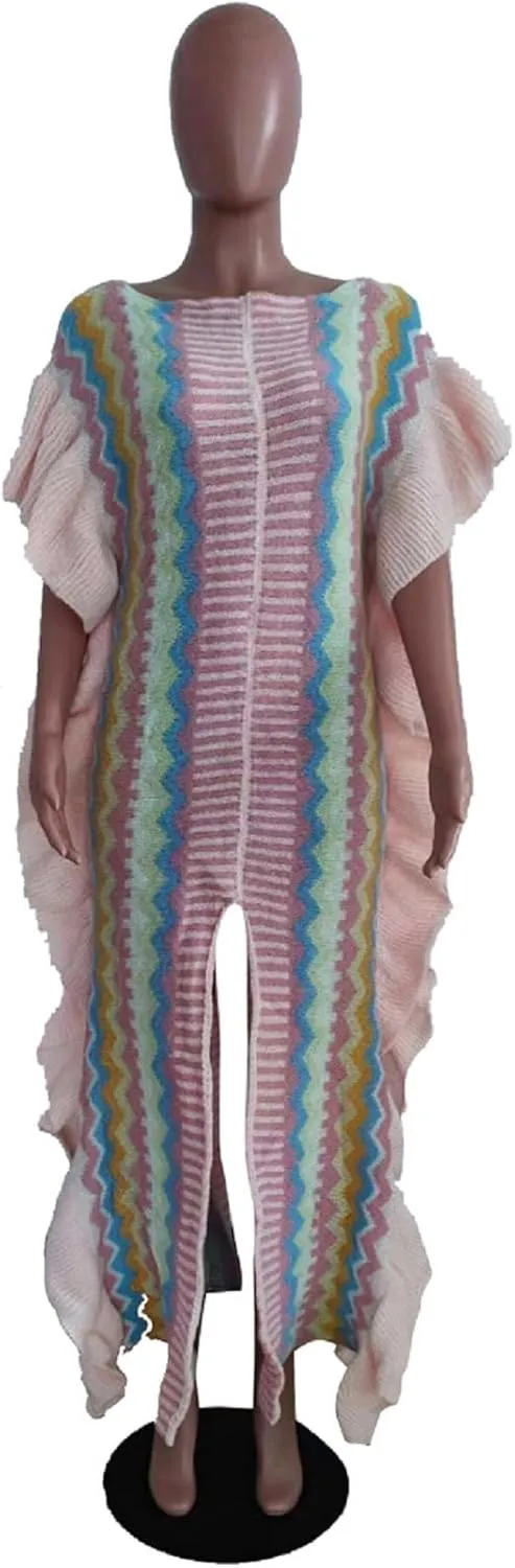 Women's Pullover Cable Knit Sweater Long Dress Short Sleeve Slit Ruffle Maxi Sweater Dress for Party