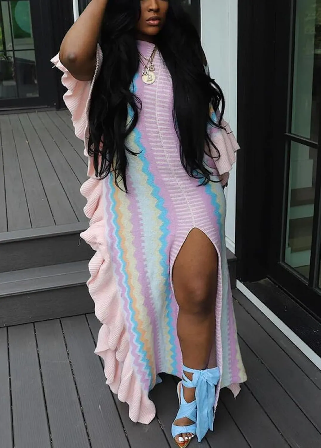 Women's Pullover Cable Knit Sweater Long Dress Short Sleeve Slit Ruffle Maxi Sweater Dress for Party