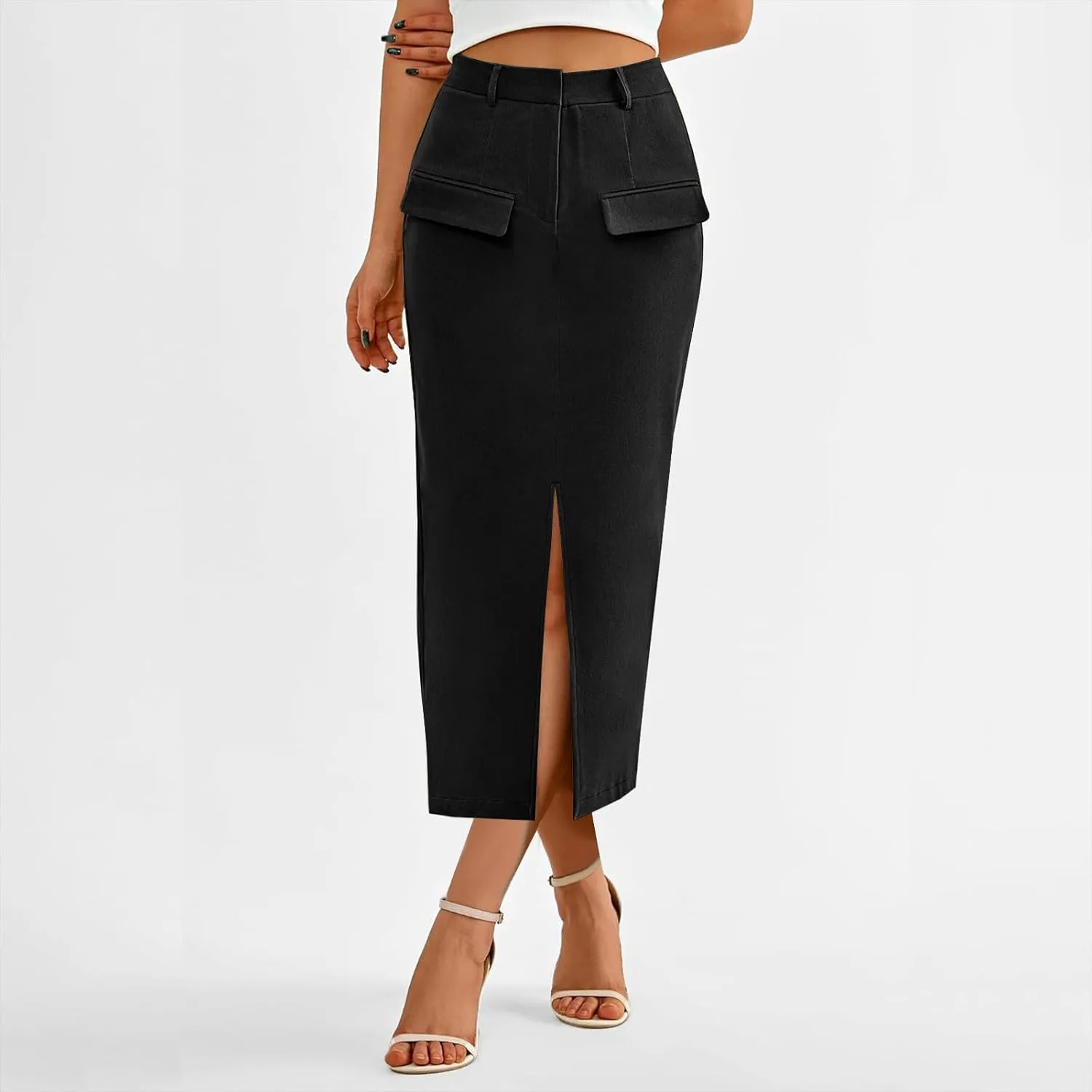 Women's Summer High Waist Split Warp A Line Dressy Long Skirts Trendy Business Work Pencil Midi Skirt with Pockets