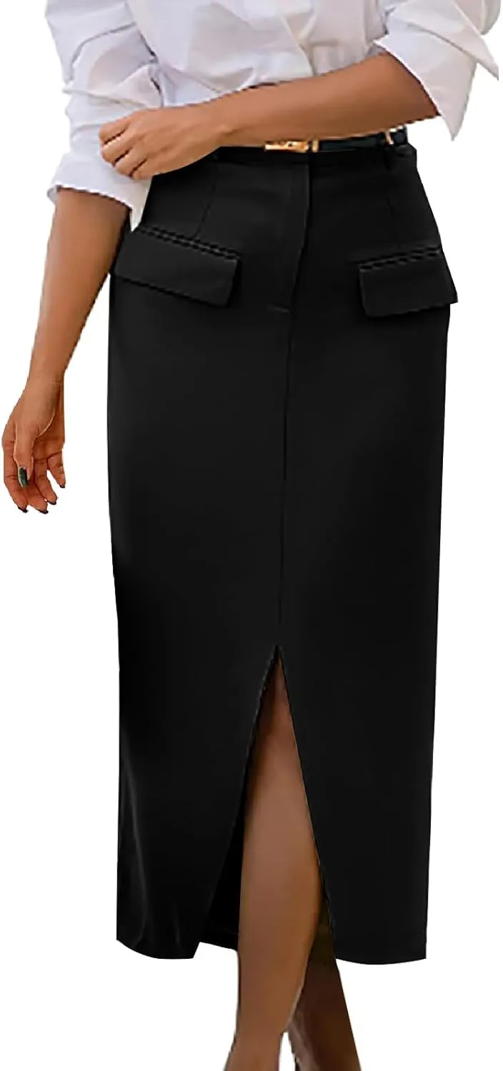 Women's Summer High Waist Split Warp A Line Dressy Long Skirts Trendy Business Work Pencil Midi Skirt with Pockets