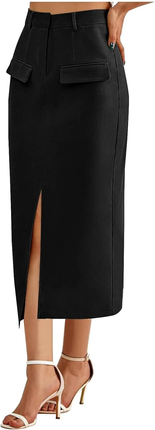 Women's Summer High Waist Split Warp A Line Dressy Long Skirts Trendy Business Work Pencil Midi Skirt with Pockets